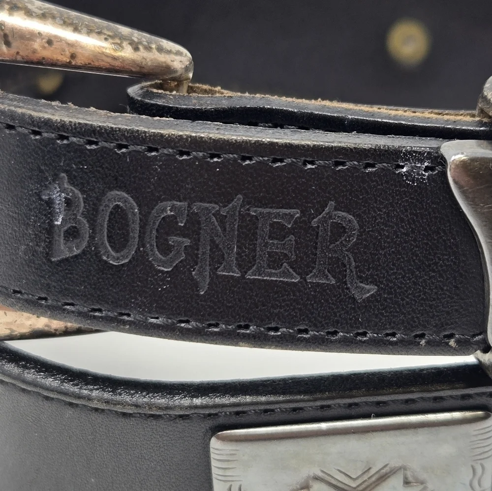 BOGNER BLACK LEATHER BELT SILVER WESTERN MEDALLIONS SKULL BUCKLE WESTERN WOMEN M
